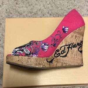 Ed Hardy Floral Pink Wedges